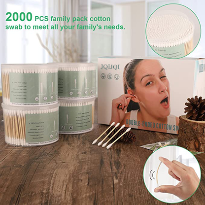 JQIJQI Cotton Swabs for medical use 2000 Count, Double Round, Pointed Natural Cotton Buds with Strong Wooden Sticks Biodegradable Organic Cotton Swab for Ears with Storage Box