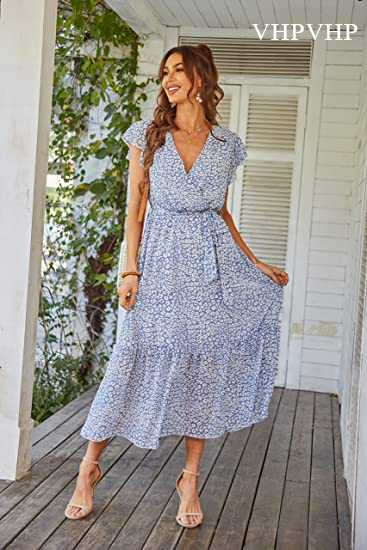 VHPVHP Women's Floral Summer Dresses V-Neck Short Sleeve Belt Pleated Hem A-Line Boho Maxi Dress