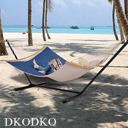 DKODKO 11 Feet Quilted Fabric Hammock with Curved-Bar Bamboo and Detachable Pillow, Double Hammock Perfect forOutside Outdoor Patio Yard Beach, Dark Blue