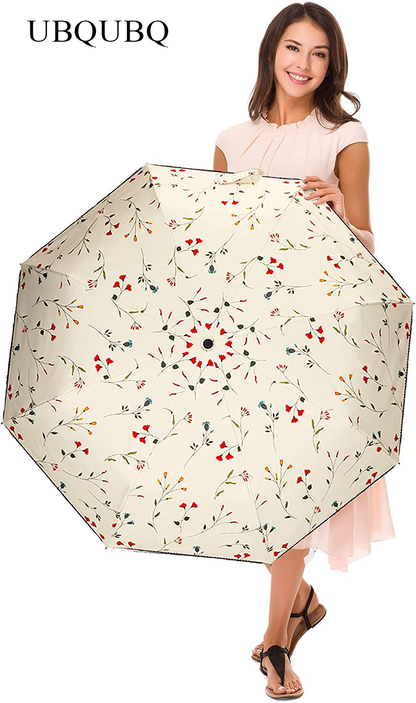 UBQUBQ Umbrellas and parasols UV Sun Umbrella Compact Folding Travel Umbrella Auto Open and Close for Windproof, Rainproof & 99.98% UV Protection Parasol with Black Anti-UV Coating（Malus spectabilis）