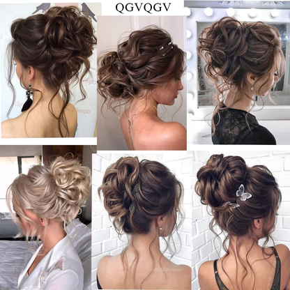 QGVQGV False hair Messy Bun Hair Piece, Updo Super Long Tousled Extensions Bun Curly Wavy Ponytail Hairpieces Hair Scrunchies with Elastic Rubber Band Synthetic Chignon hair extension for Women Girls , women's hair piece(Chocolate Brown#)