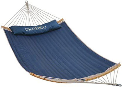 DKODKO 11 Feet Quilted Fabric Hammock with Curved-Bar Bamboo and Detachable Pillow, Double Hammock Perfect forOutside Outdoor Patio Yard Beach, Dark Blue
