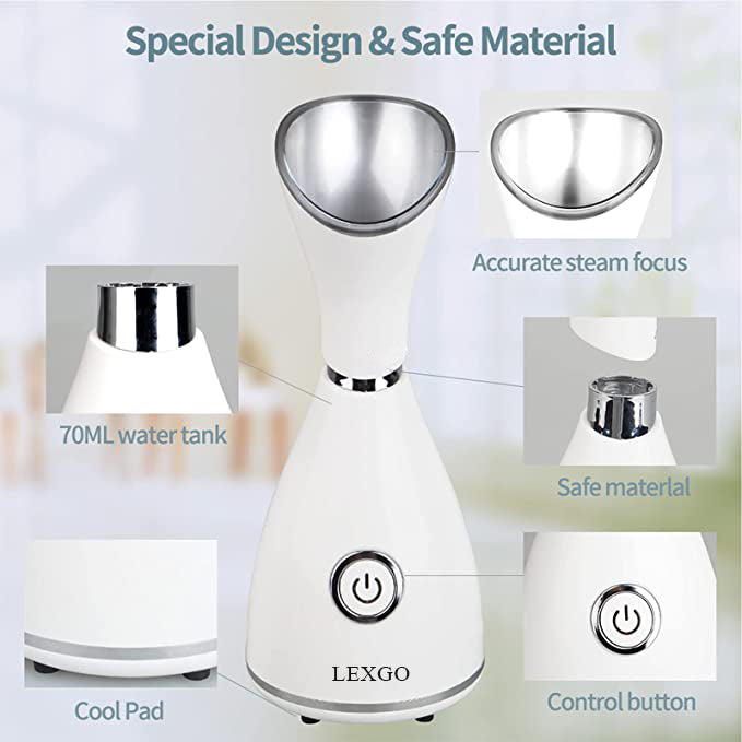 LEXOGO Steam Facial Apparatus,  10X Penetration 70ML Nano Ionic Steam Facial Apparatus Warm Mist Face Steamer for Women Moisturizing Cleansing Pores, with 4 Pieces Blackhead Remover Kit and Hair Band