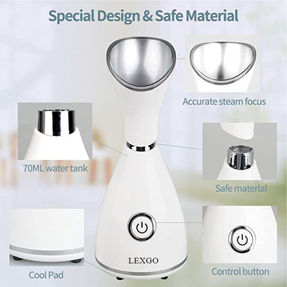 LEXOGO Steam Facial Apparatus,  10X Penetration 70ML Nano Ionic Steam Facial Apparatus Warm Mist Face Steamer for Women Moisturizing Cleansing Pores, with 4 Pieces Blackhead Remover Kit and Hair Band