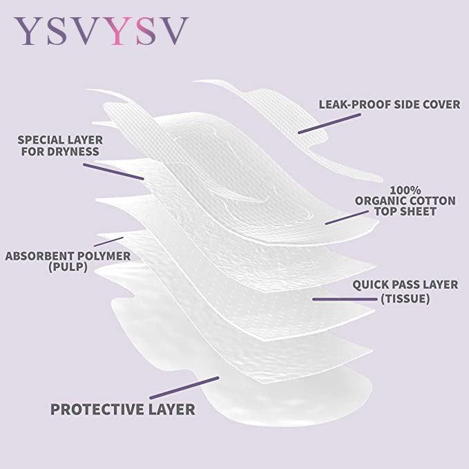 YSVYSV Organic Cotton Cover Pads, Cruelty-Free, Menstrual Overnight Pads for Women, Unscented, Breathable, Vegan, Natural Sanitary Napkins with Wings