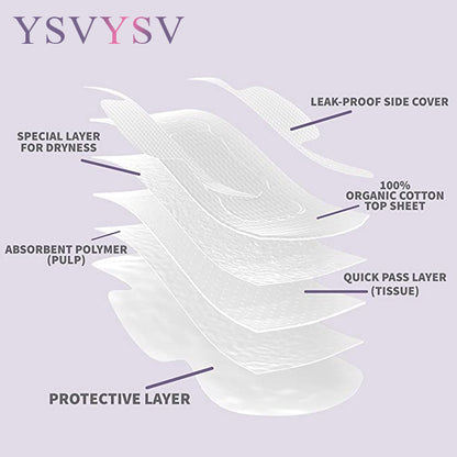 YSVYSV Organic Cotton Cover Pads, Cruelty-Free, Menstrual Overnight Pads for Women, Unscented, Breathable, Vegan, Natural Sanitary Napkins with Wings
