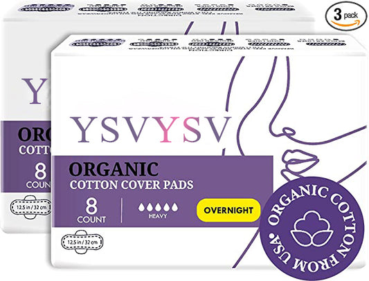 YSVYSV Organic Cotton Cover Pads, Cruelty-Free, Menstrual Overnight Pads for Women, Unscented, Breathable, Vegan, Natural Sanitary Napkins with Wings