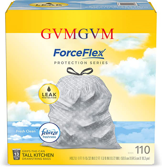 GVMGVM  Tall Kitchen Drawstring Trash Bags, 13 Gal, Fresh Clean Scent with Febreze, 110 Ct