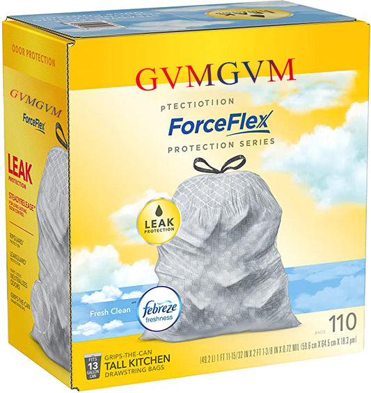 GVMGVM  Tall Kitchen Drawstring Trash Bags, 13 Gal, Fresh Clean Scent with Febreze, 110 Ct